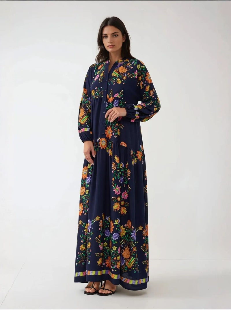 Robe longue imprimée à col en v et détails boutonnés Bleu marine - Kiabi