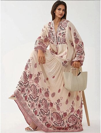 Robe longue imprimée à col en V et détails boutonnés