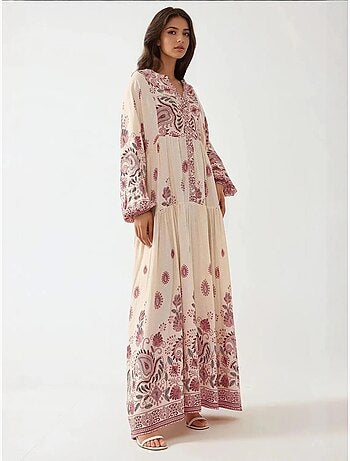 Robe longue imprimée à col en V et détails boutonnés