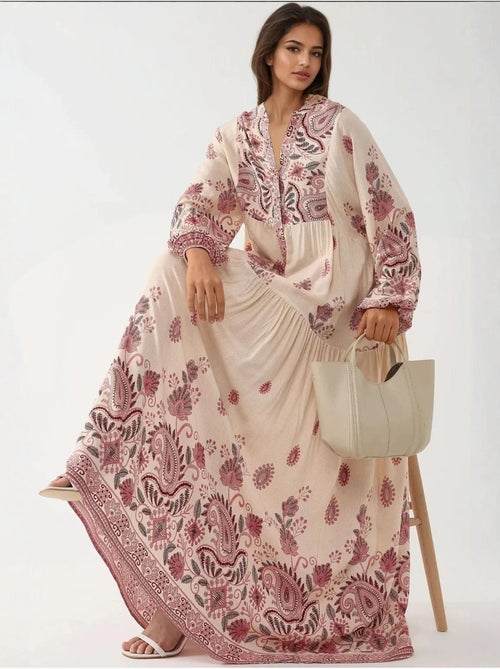 Robe longue imprimée à col en V et détails boutonnés - Kiabi
