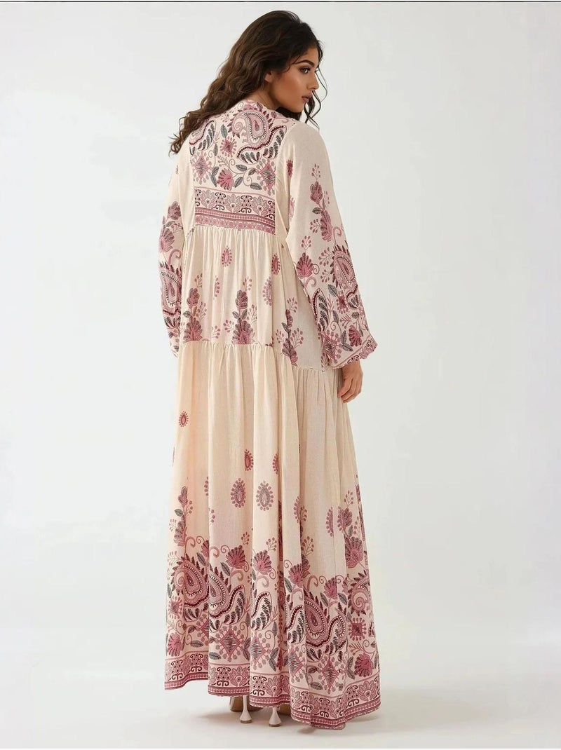 Robe longue imprimée à col en V et détails boutonnés Crème - Kiabi