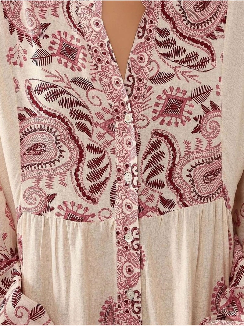 Robe longue imprimée à col en V et détails boutonnés Crème - Kiabi