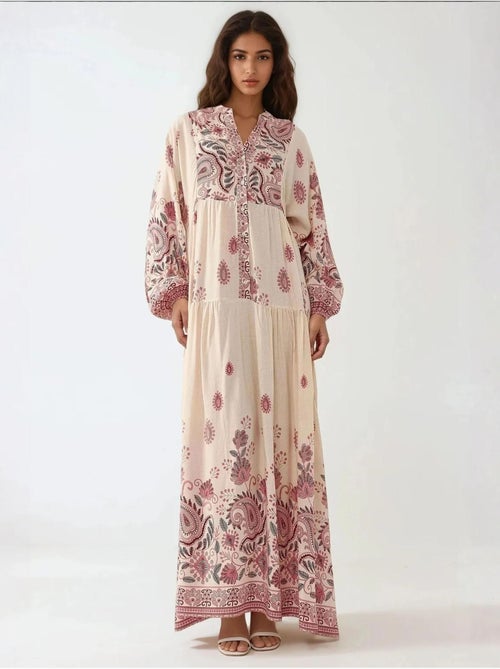 Robe longue imprimée à col en V et détails boutonnés - Kiabi