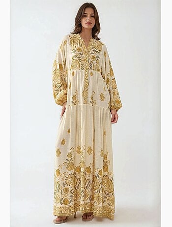 Robe longue imprimée à col en v et détails boutonnés hiccup