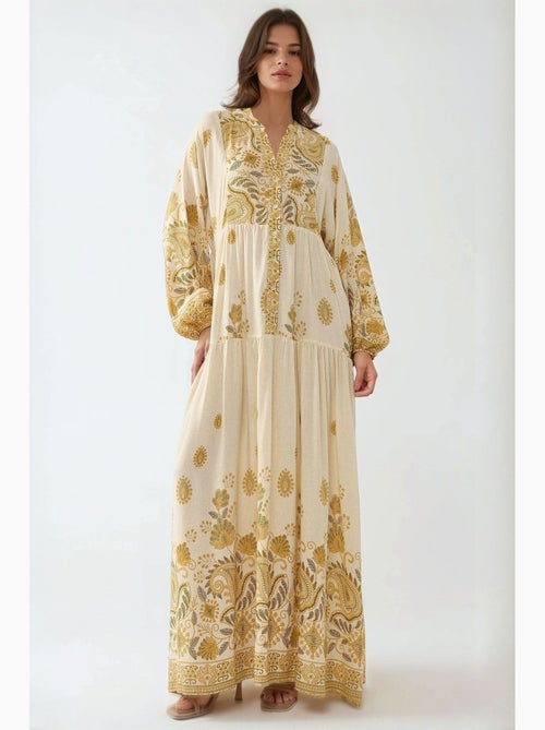 Robe longue imprimée à col en v et détails boutonnés hiccup - Kiabi Robe longue imprimée à col en v et détails boutonnés hiccup - Kiabi