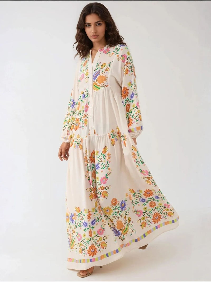 Robe longue imprimée à col en v et détails boutonnés Ivoire - Kiabi
