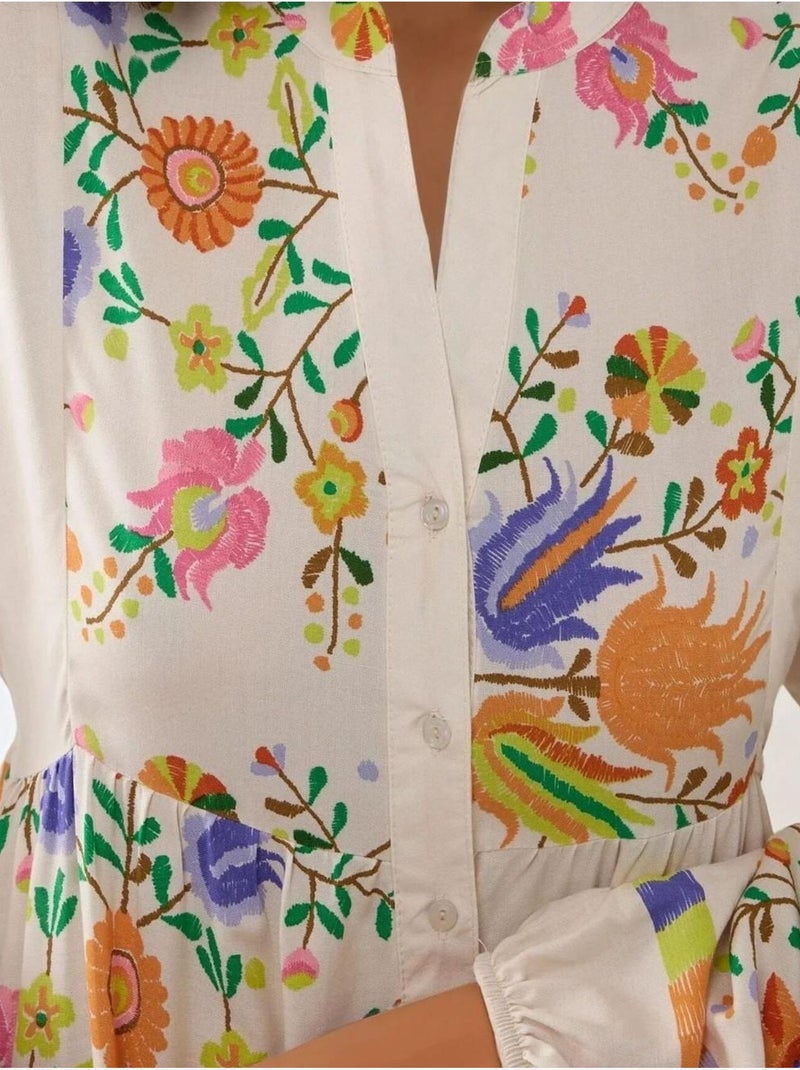 Robe longue imprimée à col en v et détails boutonnés Ivoire - Kiabi