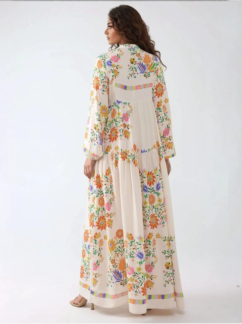 Robe longue imprimée à col en v et détails boutonnés Ivoire - Kiabi