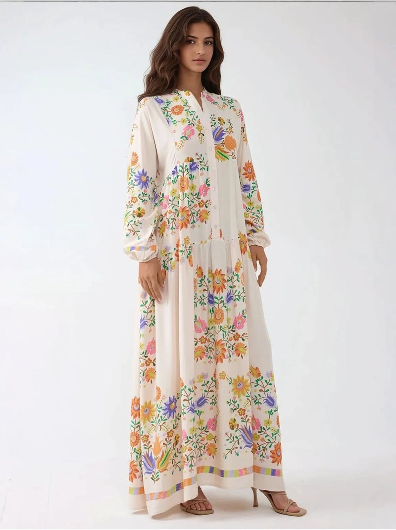 Robe longue imprimée à col en v et détails boutonnés Ivoire - Kiabi