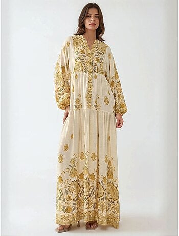 Robe longue imprimée à col en V et détails boutonnés