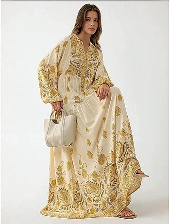 Robe longue imprimée à col en V et détails boutonnés