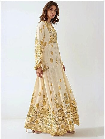 Robe longue imprimée à col en V et détails boutonnés