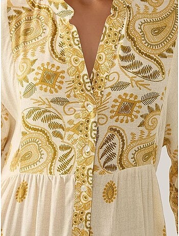Robe longue imprimée à col en V et détails boutonnés