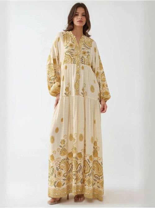 Robe longue imprimée à col en V et détails boutonnés - Kiabi