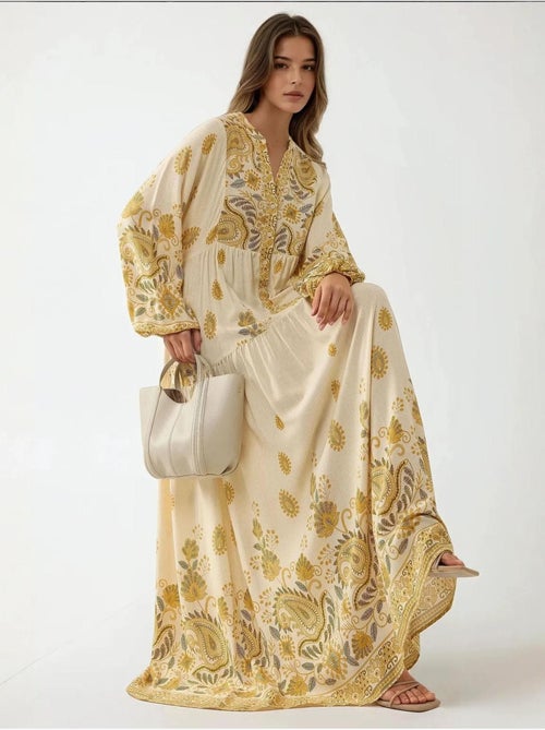 Robe longue imprimée à col en V et détails boutonnés - Kiabi