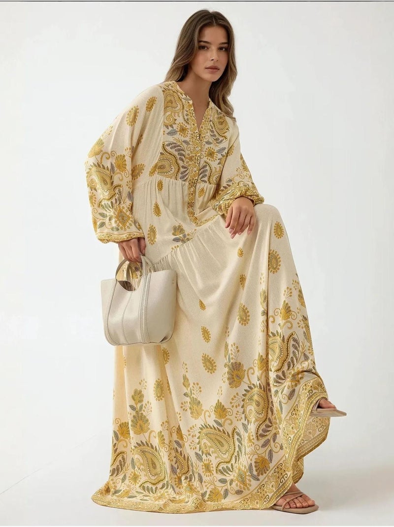 Robe longue imprimée à col en V et détails boutonnés Jaune citron - Kiabi