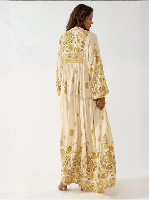 Robe longue imprimée à col en V et détails boutonnés - Kiabi