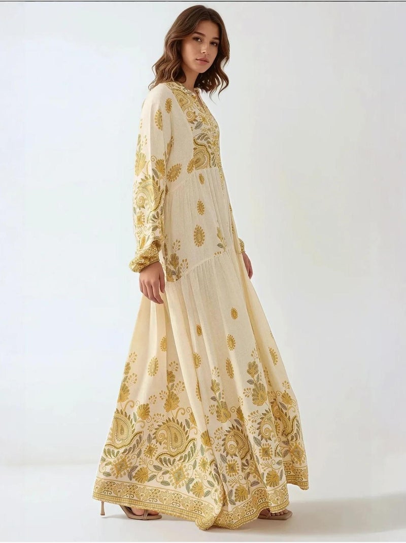 Robe longue imprimée à col en V et détails boutonnés Jaune citron - Kiabi