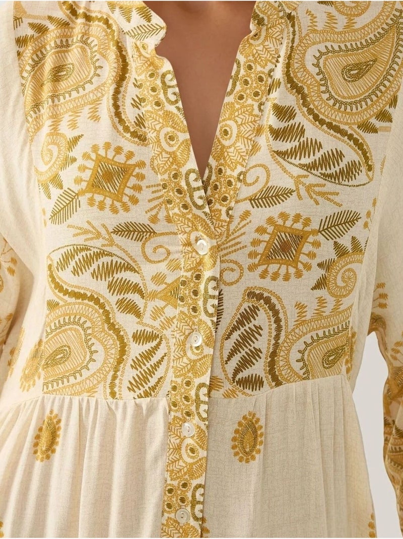 Robe longue imprimée à col en V et détails boutonnés Jaune citron - Kiabi