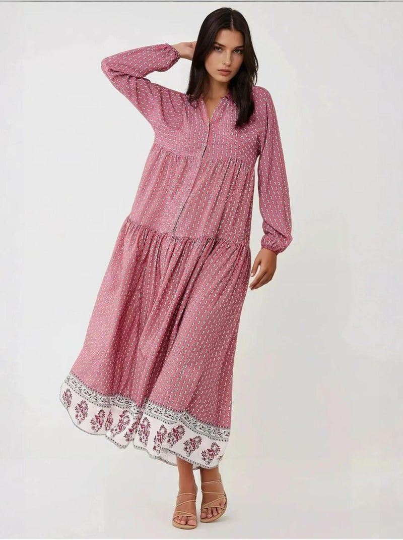 Robe longue imprimée à col en v hiccup Rose - Kiabi