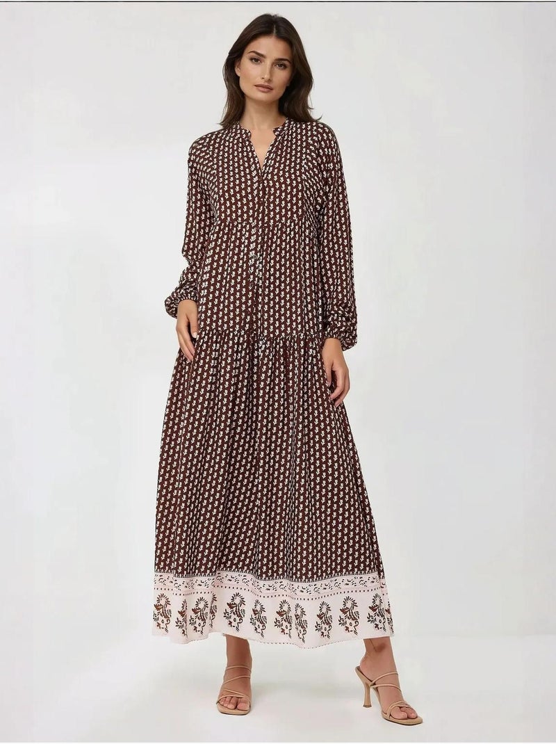 Robe longue imprimée à col en v Marron - Kiabi