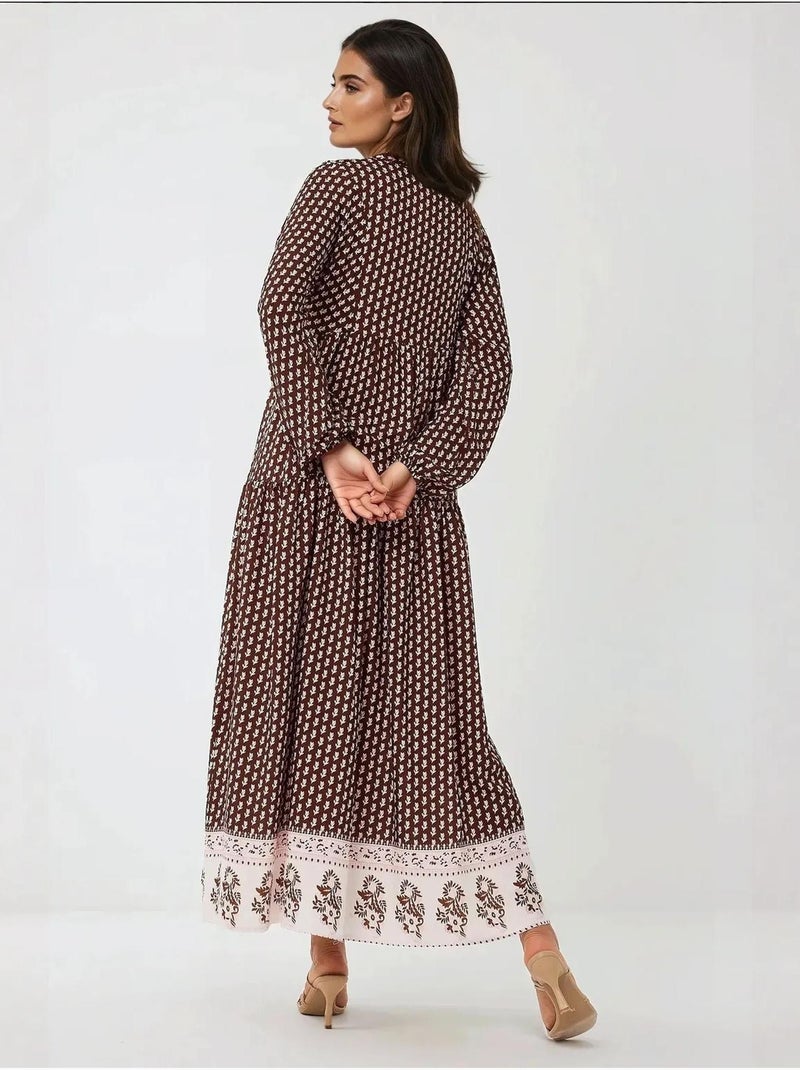 Robe longue imprimée à col en v Marron - Kiabi