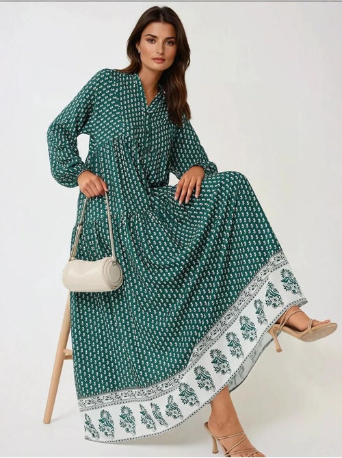 Robe longue imprimée à col en v - Kiabi