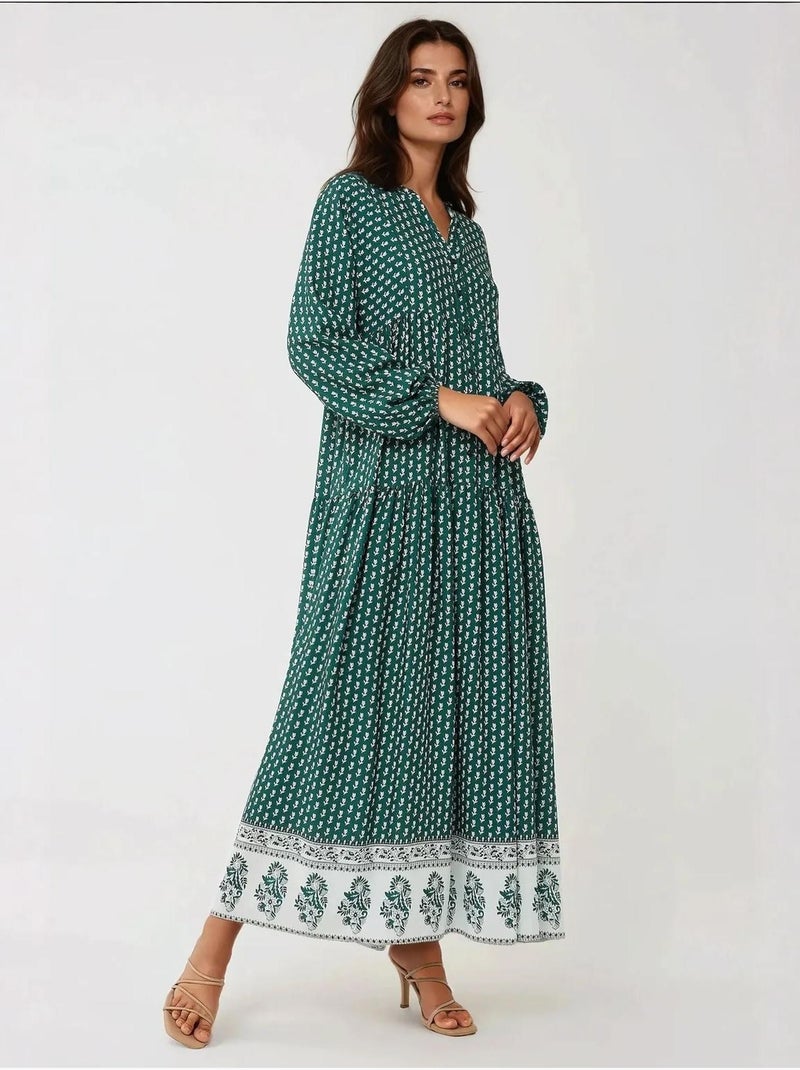 Robe longue imprimée à col en v Vert bouteille - Kiabi