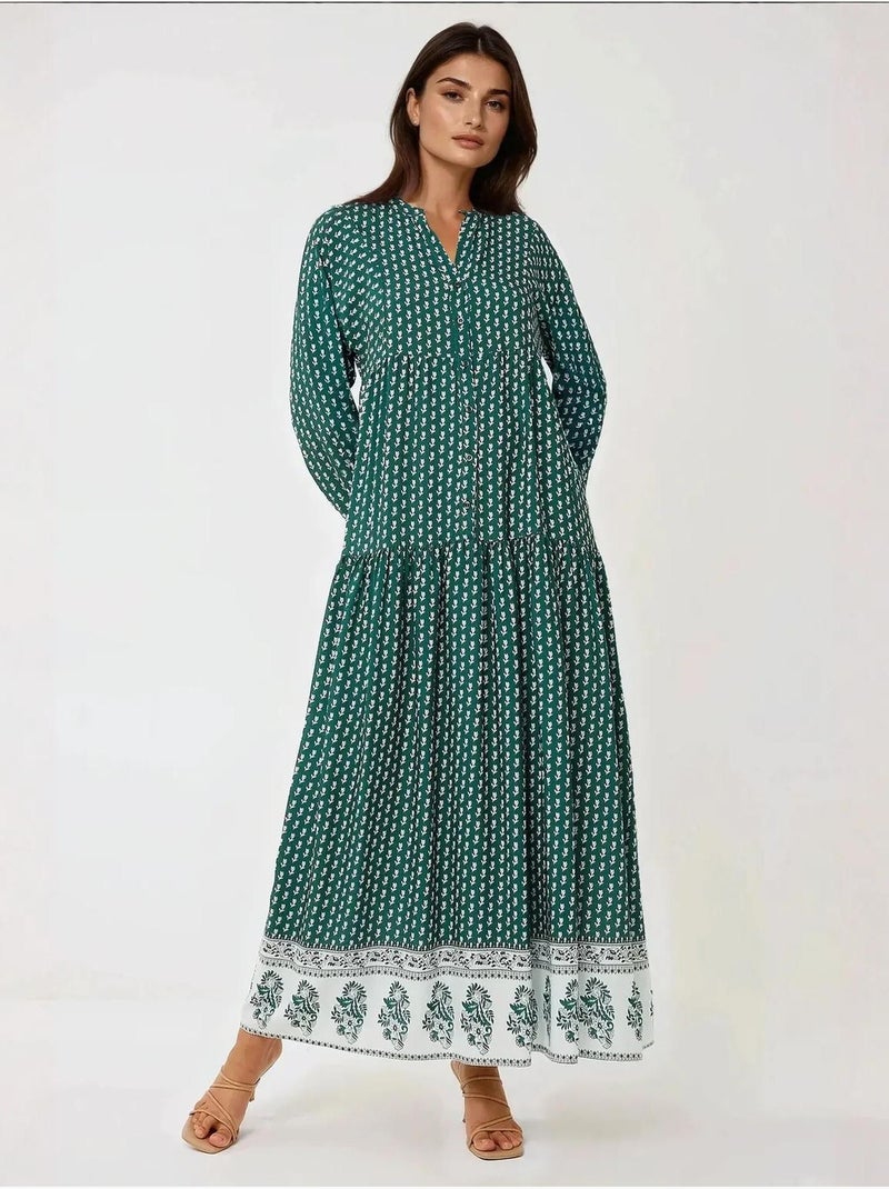 Robe longue imprimée à col en v Vert bouteille - Kiabi