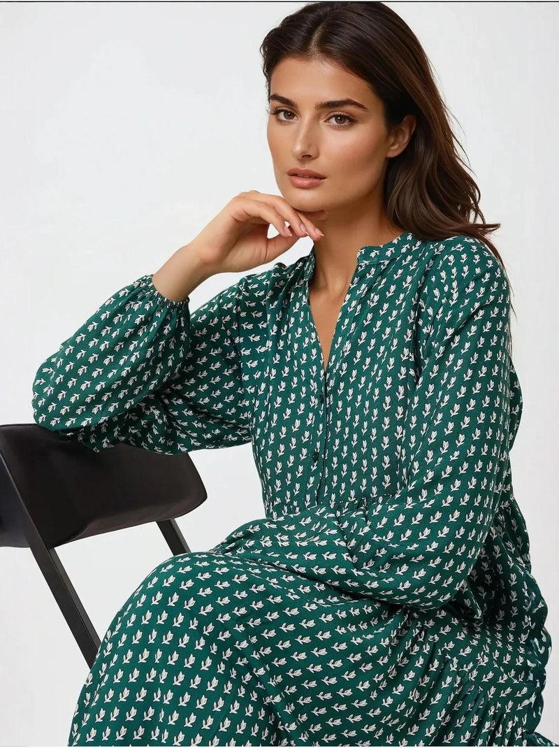 Robe longue imprimée à col en v Vert bouteille - Kiabi