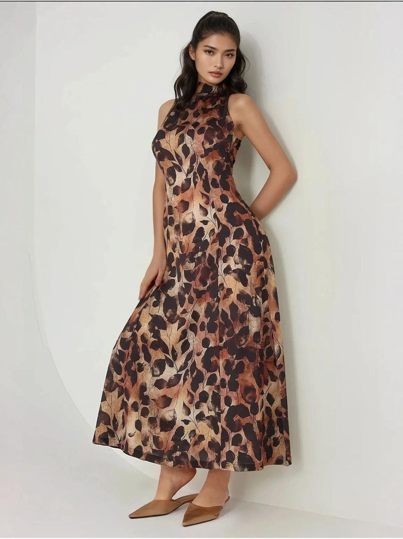 Robe longue imprimée à col licou Multicolore - Kiabi