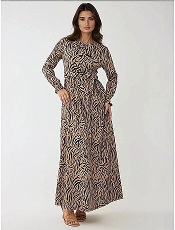Robe longue imprimée à col ras du cou et ceinture