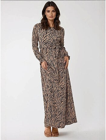 Robe longue imprimée à col ras du cou et ceinture