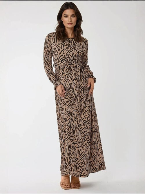 Robe longue imprimée à col ras du cou et ceinture - Kiabi