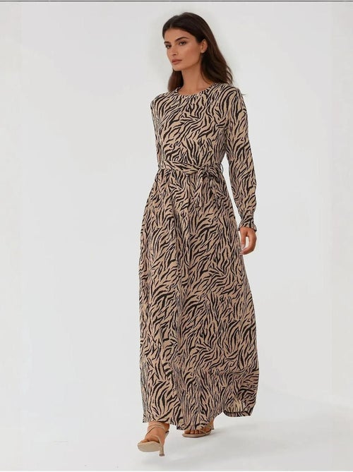 Robe longue imprimée à col ras du cou et ceinture - Kiabi