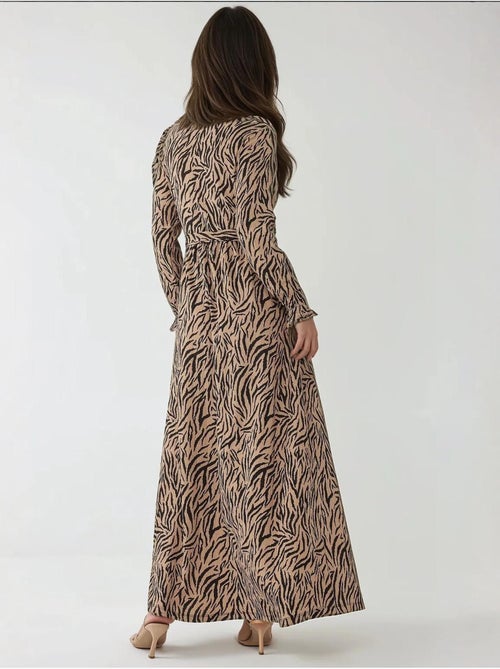 Robe longue imprimée à col ras du cou et ceinture - Kiabi