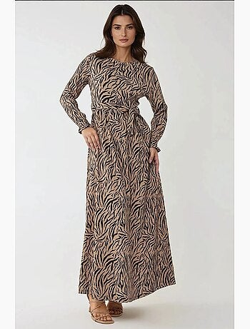 Robe longue imprimée à col ras du cou et ceinture hiccup
