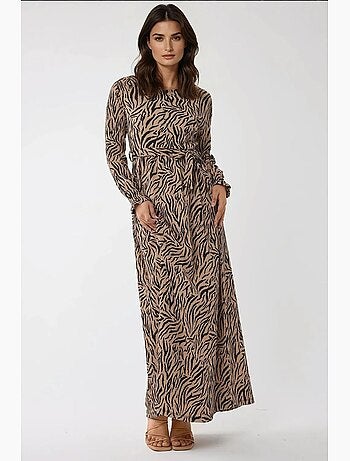 Robe longue imprimée à col ras du cou et ceinture hiccup