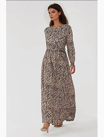 Robe longue imprimée à col ras du cou et ceinture hiccup