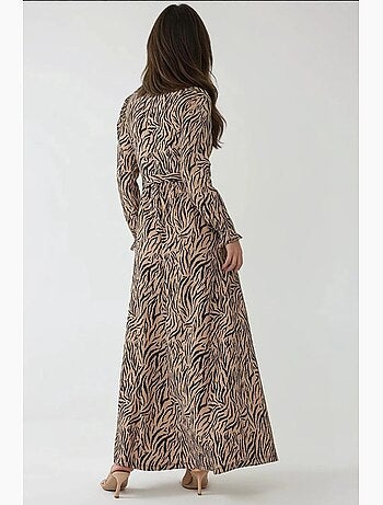 Robe longue imprimée à col ras du cou et ceinture hiccup