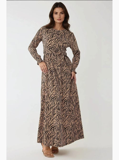 Robe longue imprimée à col ras du cou et ceinture hiccup - Kiabi