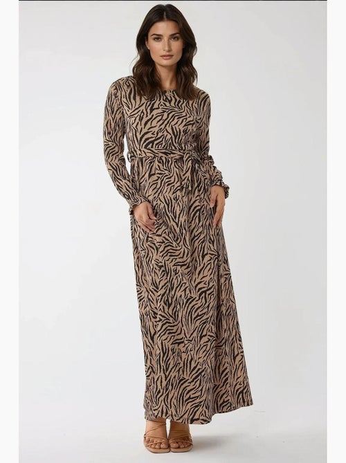 Robe longue imprimée à col ras du cou et ceinture hiccup - Kiabi
