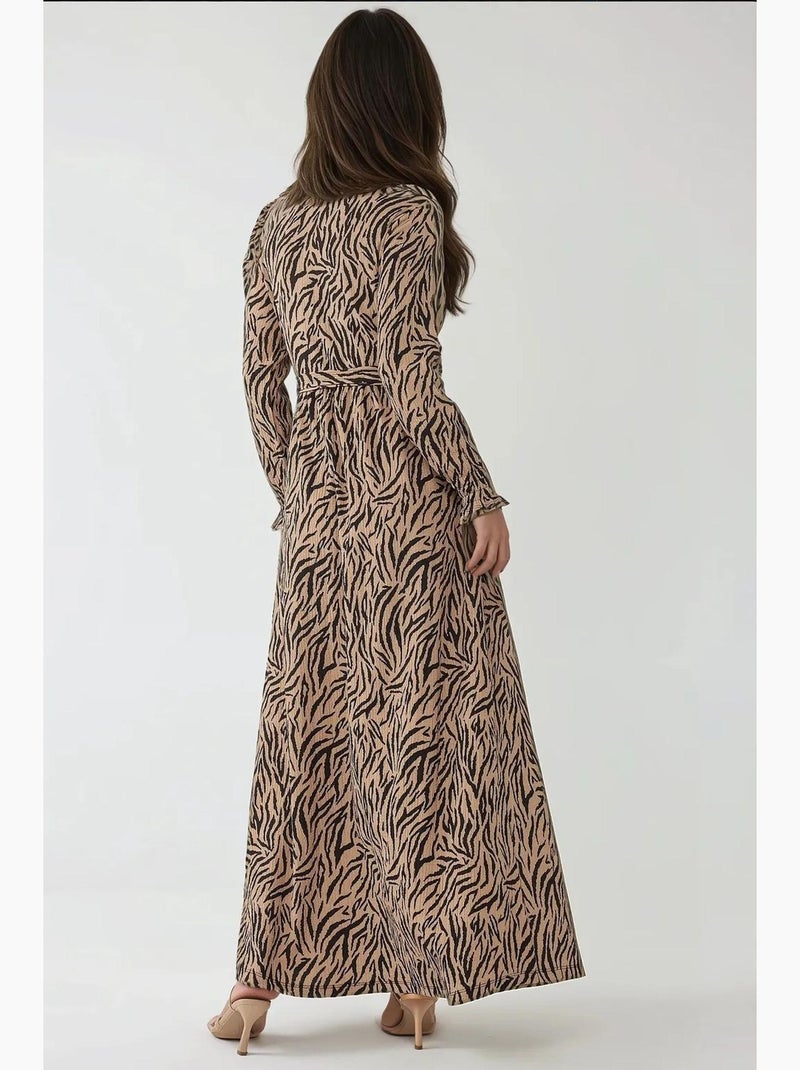 Robe longue imprimée à col ras du cou et ceinture hiccup Camel - Kiabi