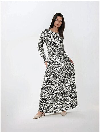 Robe longue imprimée à col ras du cou et ceinture