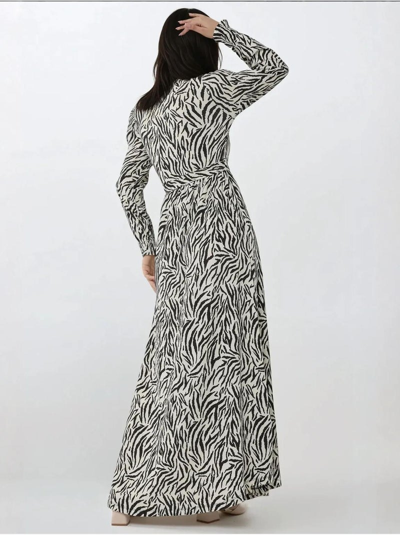 Robe longue imprimée à col ras du cou et ceinture Ivoire - Kiabi