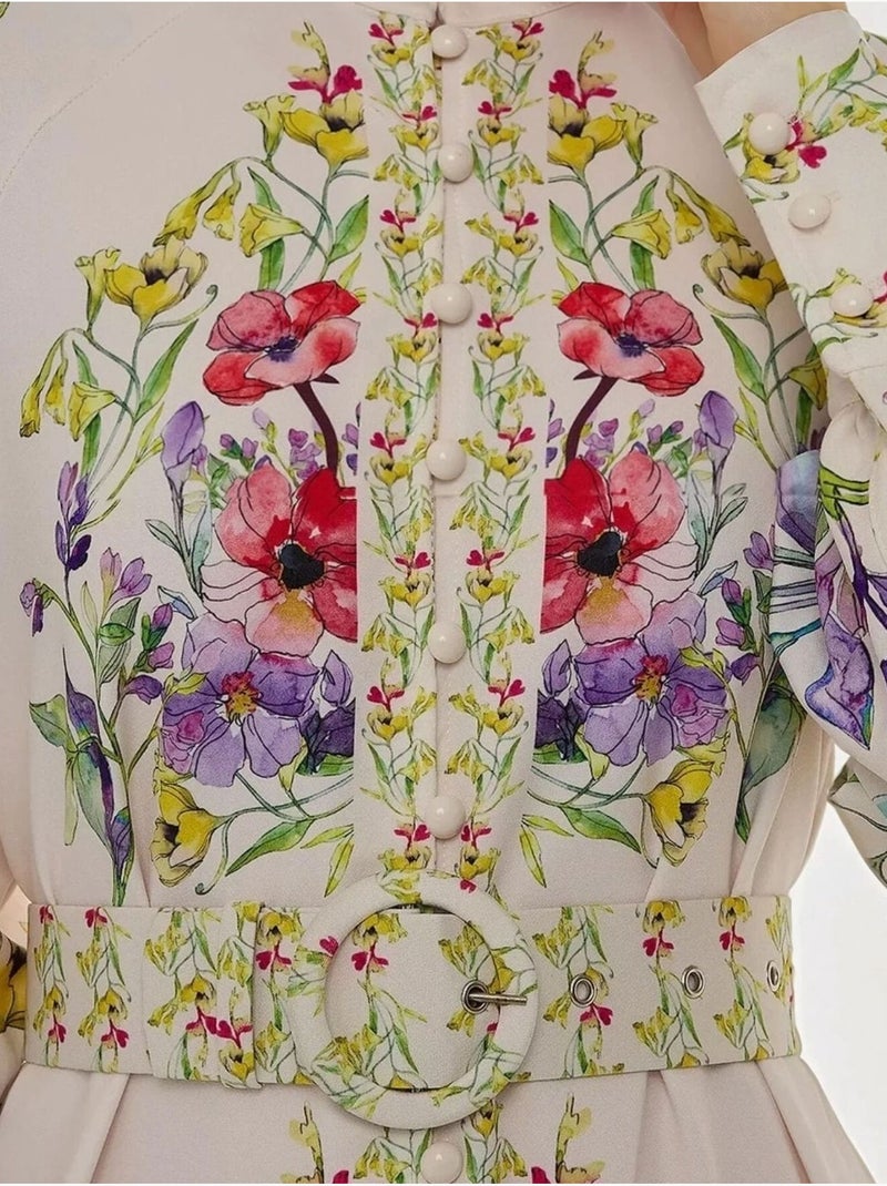 Robe longue imprimée à manches longues avec ceinture Blanc - Kiabi