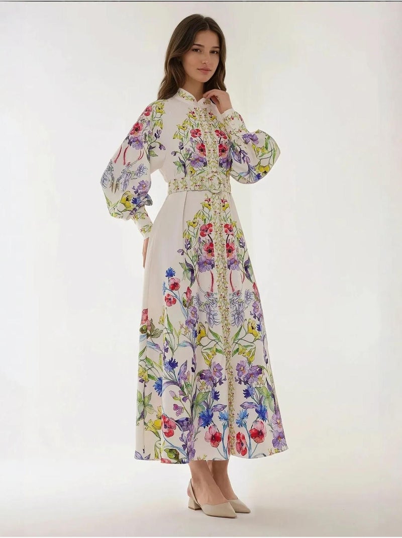 Robe longue imprimée à manches longues avec ceinture Blanc - Kiabi