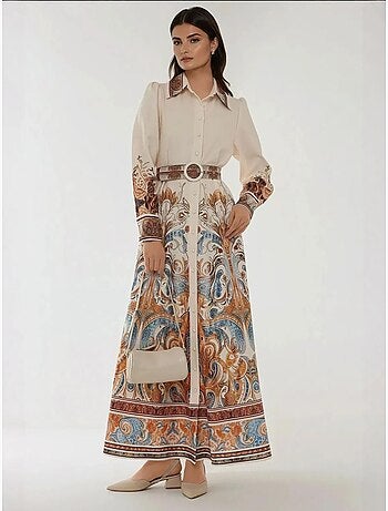 Robe longue imprimée à manches longues avec ceinture