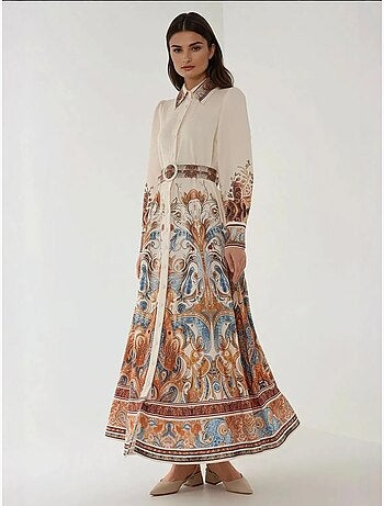 Robe longue imprimée à manches longues avec ceinture