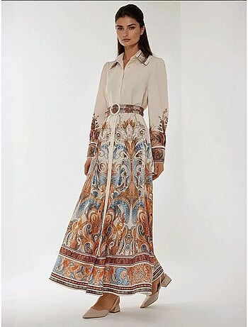Robe longue imprimée à manches longues avec ceinture